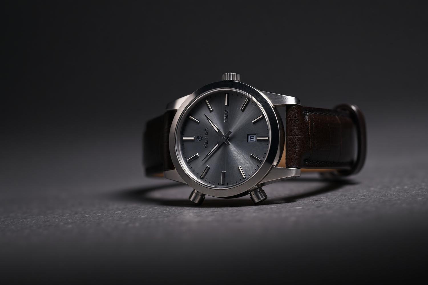 Automatic watch dial and leather strap in low light
